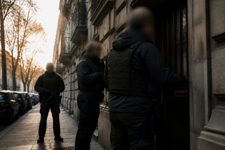 Armed men in tactical gear with blurred faces at a building entrance on a city street