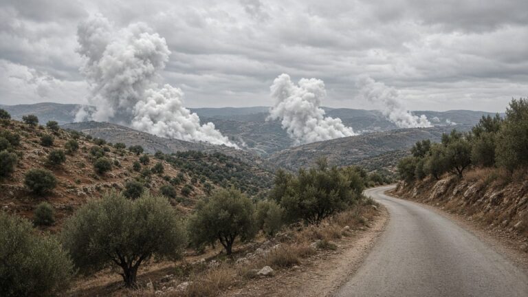 White smoke plumes rising over olive-covered hills beside a winding road