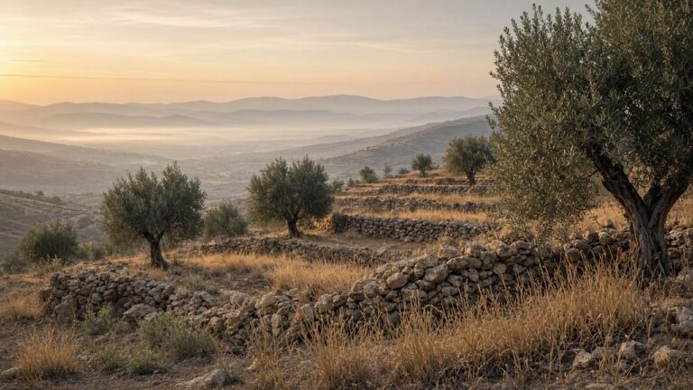 Terraced hillside of olive trees and dry-stone walls above misty valleys at dusk