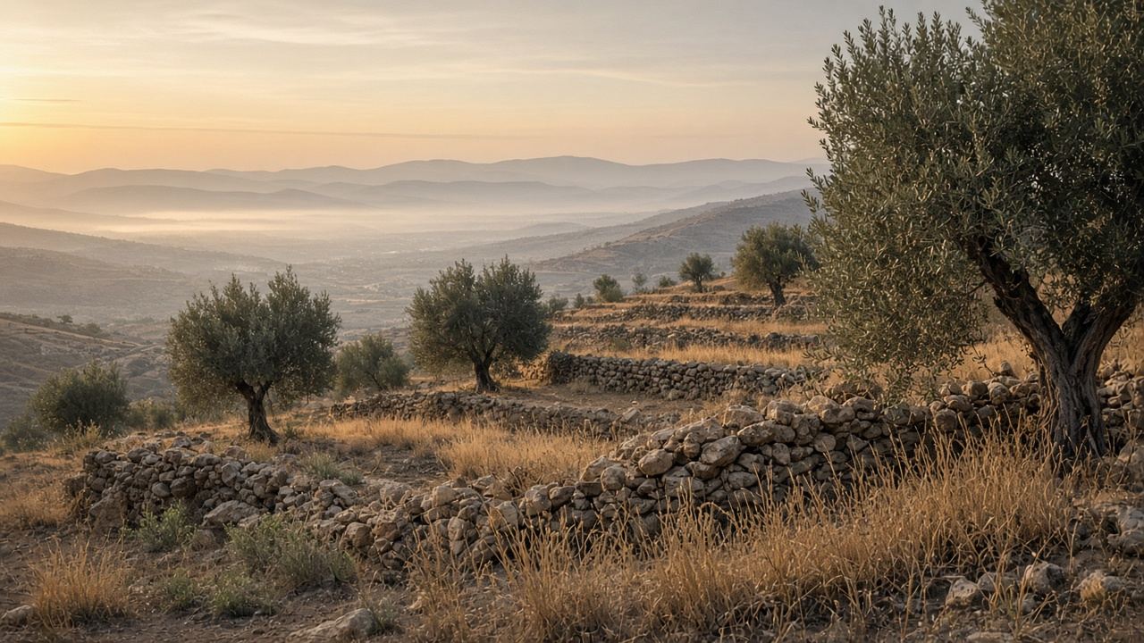 Terraced hillside of olive trees and dry-stone walls above misty valleys at dusk