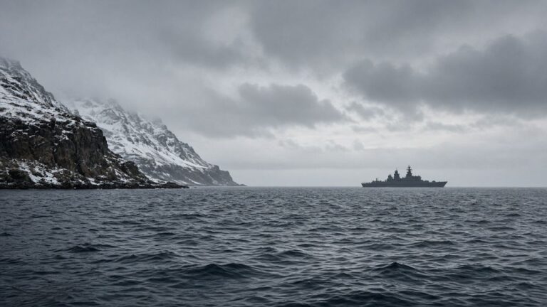 Warship on a grey Arctic sea near snow-covered mountains