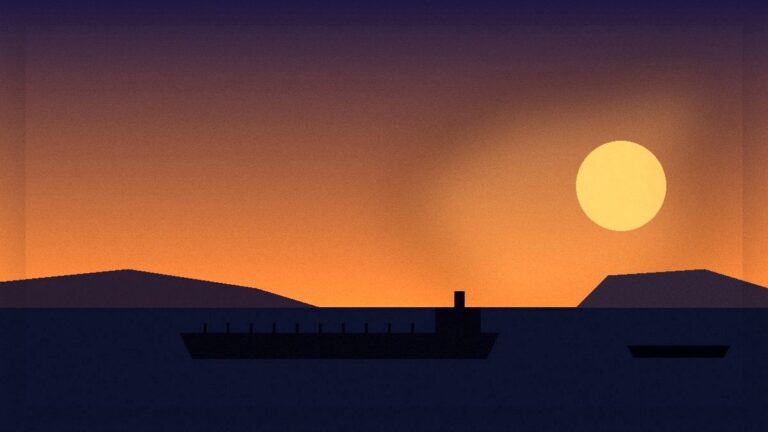 Oil tanker silhouette on a dusk strait with orange sun over distant coast