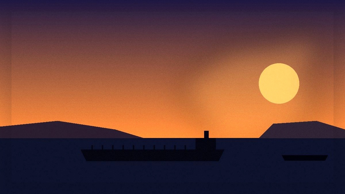 Oil tanker silhouette on a dusk strait with orange sun over distant coast
