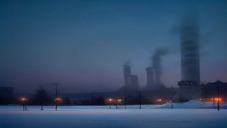 Snowy industrial landscape with smoking chimneys and a tower at dusk