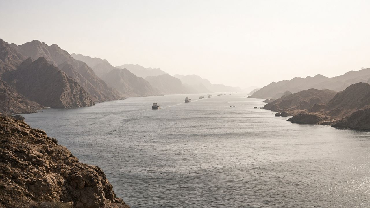 Mountain-lined sea channel with a string of cargo ships sailing through haze