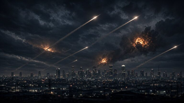 Streaks of incoming projectiles and explosions in the night sky over a city skyline