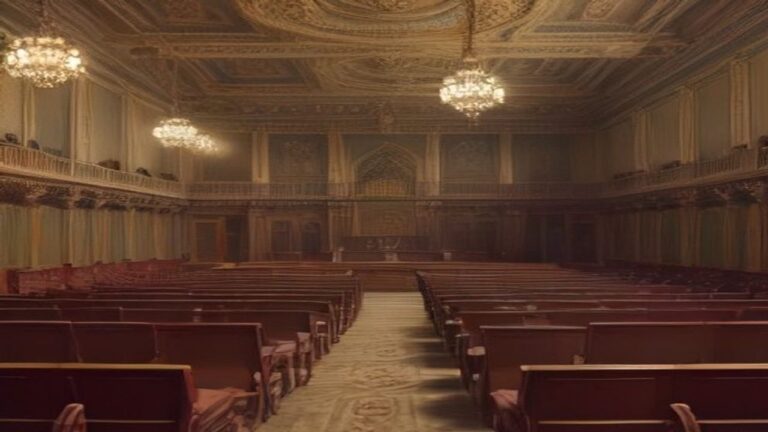 Ornate parliament hall with chandeliers and rows of red benches