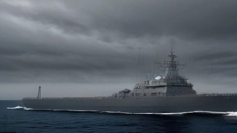 Grey naval warship cutting through dark water under a stormy sky