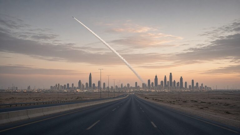 Missile contrail streaking toward a desert city skyline over an empty highway