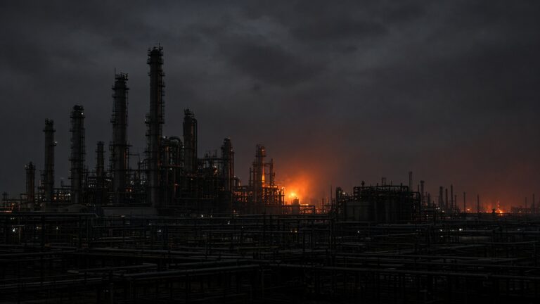 Silhouetted oil refinery towers at night with an orange fire glowing behind them