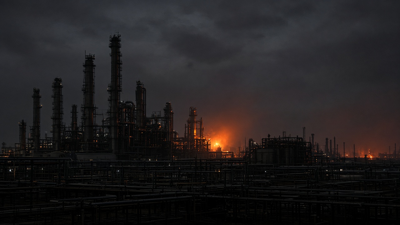 Silhouetted oil refinery towers at night with an orange fire glowing behind them