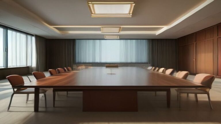 Empty conference room with a long wooden table and chairs
