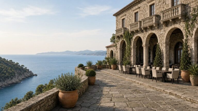 Stone villa terrace with arches and potted plants overlooking the Mediterranean coast