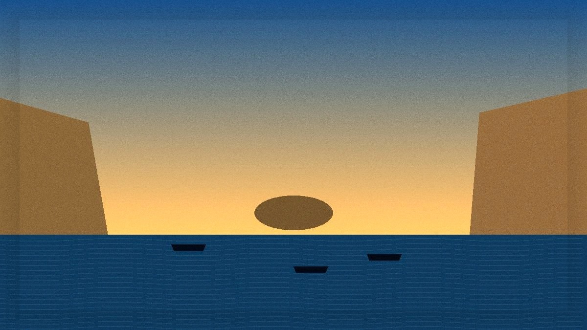 Narrow arid strait with cliff shores, a mid-channel island and distant freighters