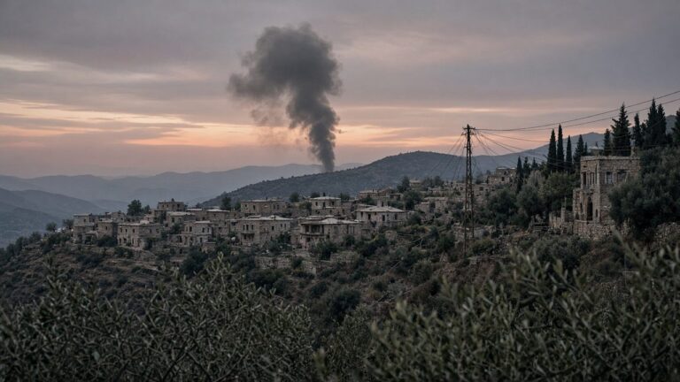 Smoke column rising above a hillside village and power lines at dusk