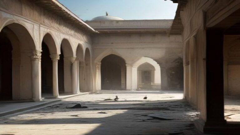 Empty arched mosque courtyard with stone colonnades and debris on the floor