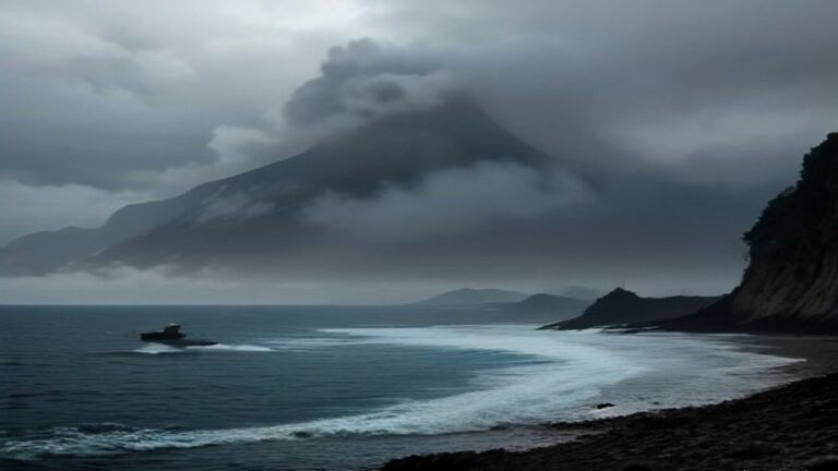 Small boat off a stormy coastline beneath a cloud-covered mountain