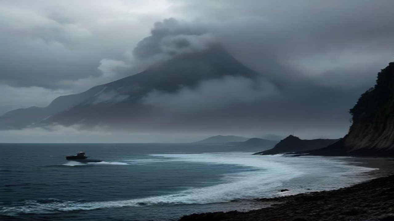Small boat off a stormy coastline beneath a cloud-covered mountain