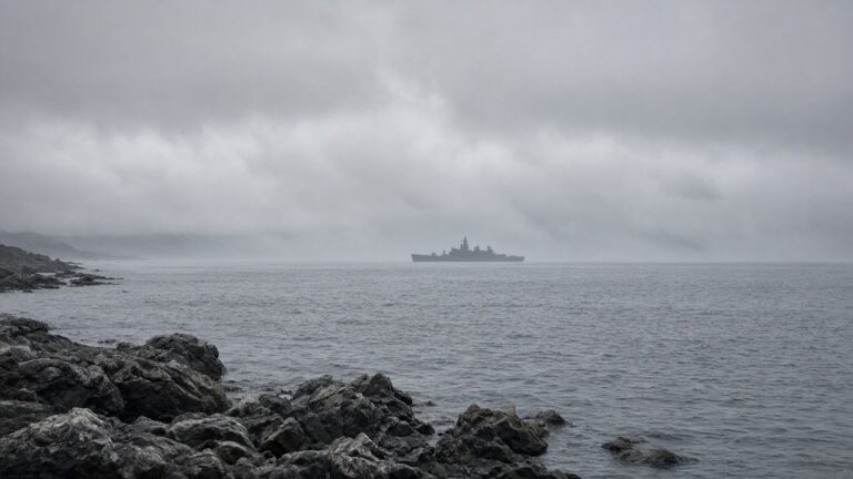 Grey warship offshore beyond a rocky shoreline under heavy cloud