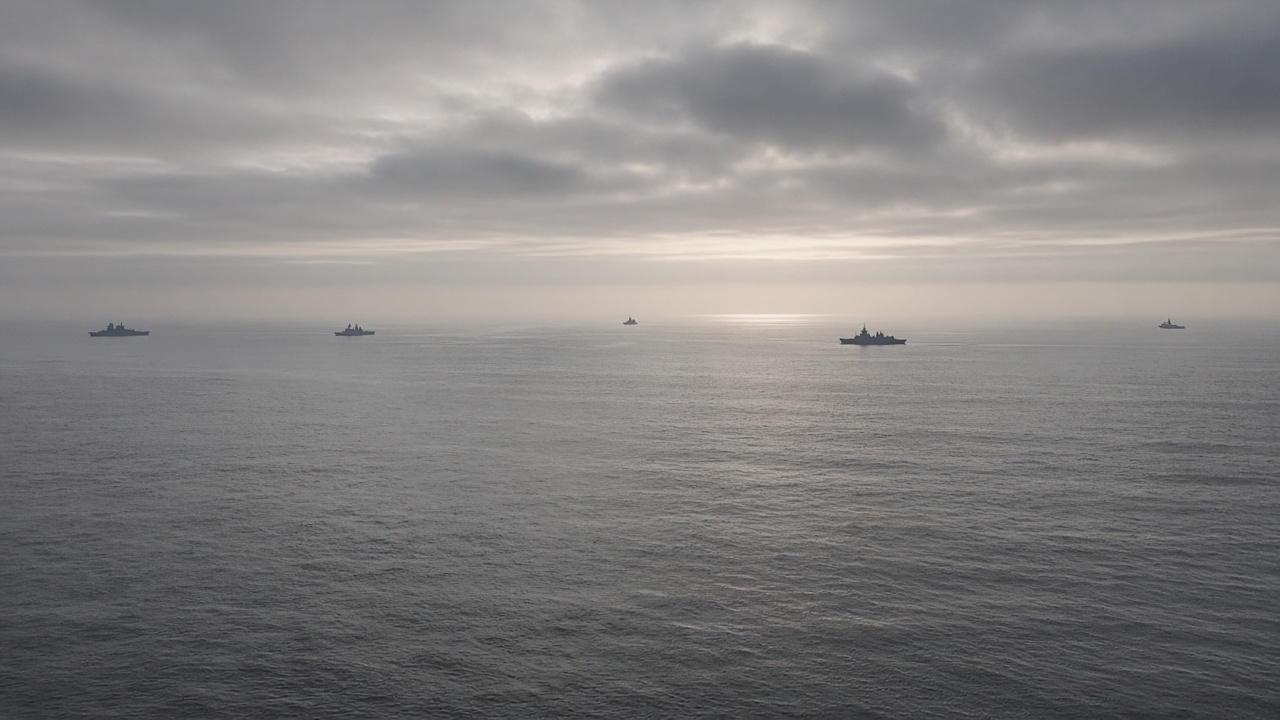 Overcast grey sea with a line of distant warships along the horizon