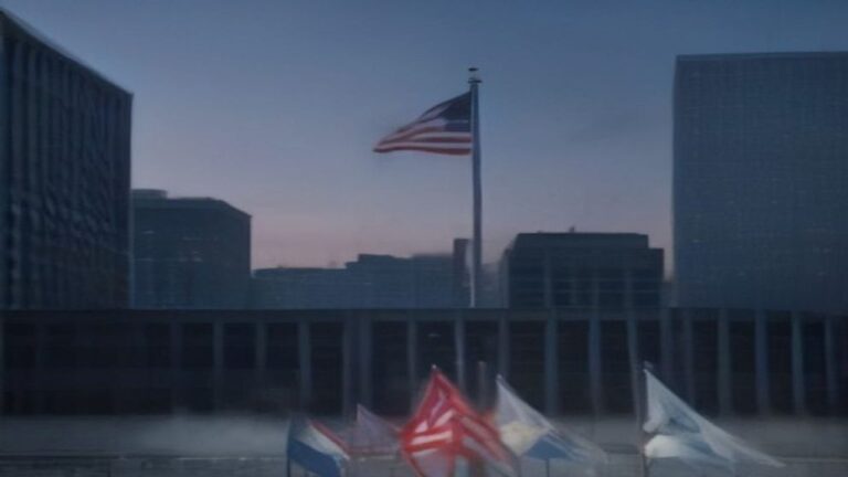 U.S. flag flying over city buildings at dusk, with more flags in the foreground