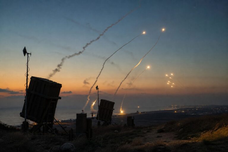 Air-defense launchers firing interceptors into a dusk sky over the coast