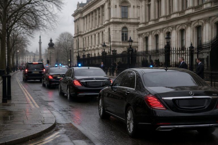 Motorcade of black sedans on a wet street beside a stately government building