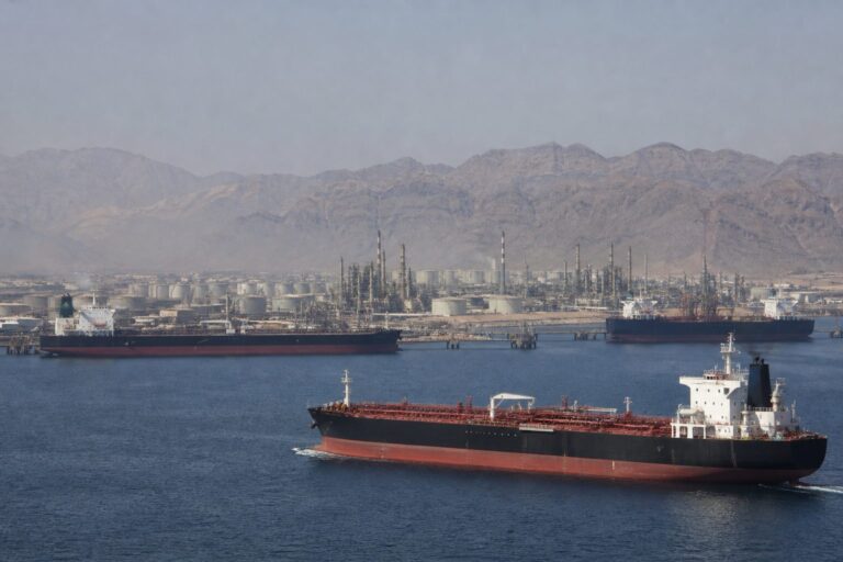 Oil tankers sailing past a coastal refinery with mountains behind