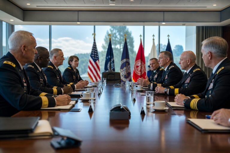 U.S. and foreign military officers facing each other across a conference table with flags