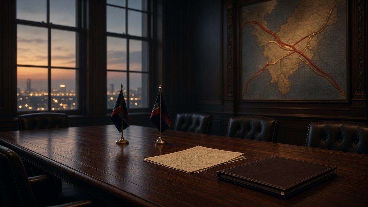 Empty diplomatic conference table with two flags and a glowing oil pipeline map at dusk