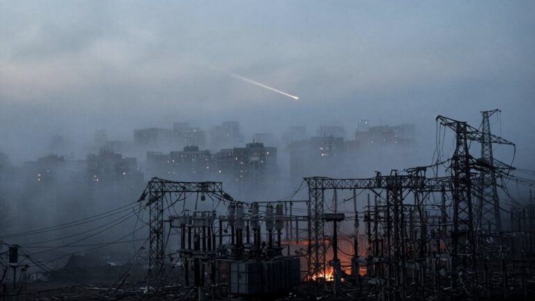 Smoke rising over a dark city skyline at dawn above a damaged electrical substation with power lines