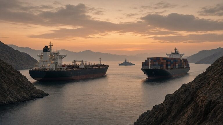 Oil tanker and cargo ship in a narrow strait at dusk with a warship silhouette on the horizon
