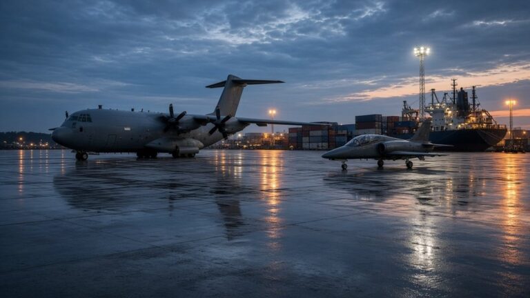Cargo aircraft parked on a dusk airfield beside shipping containers and a docked freighter