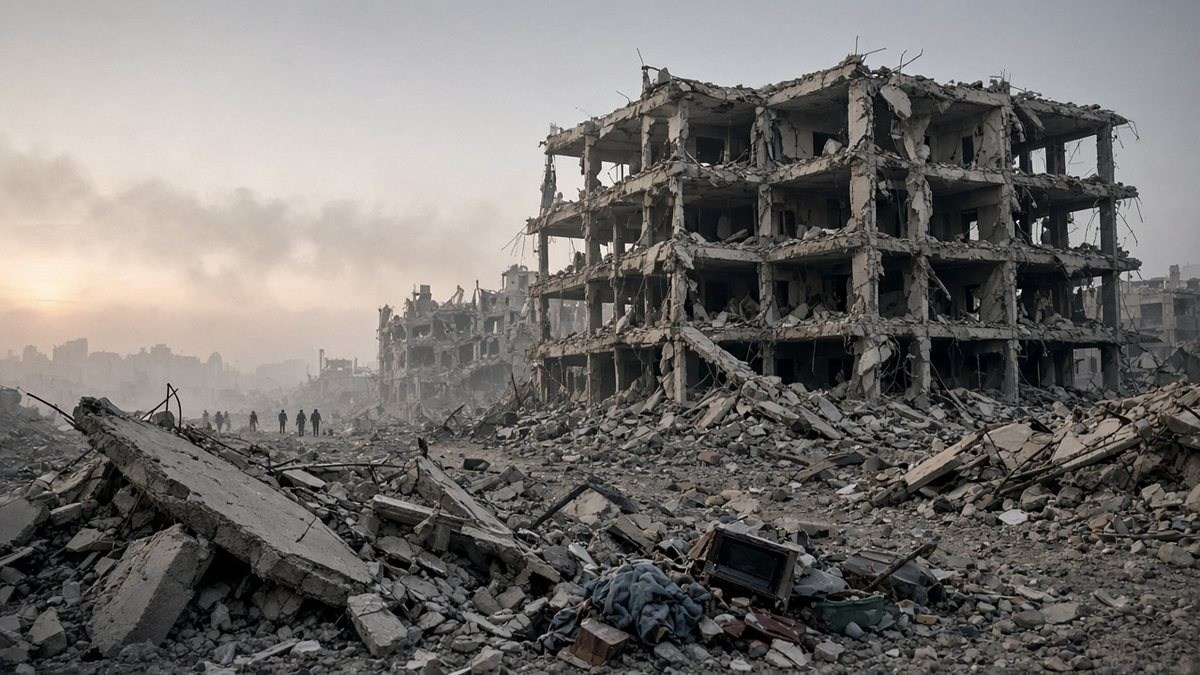 Damaged apartment blocks and rubble in a dense urban area with dust hanging in the air at dawn