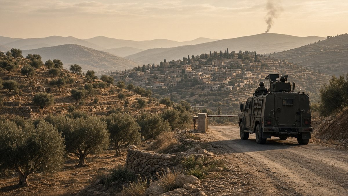 Hillside village in southern Lebanon with a column of smoke and an army checkpoint on the road