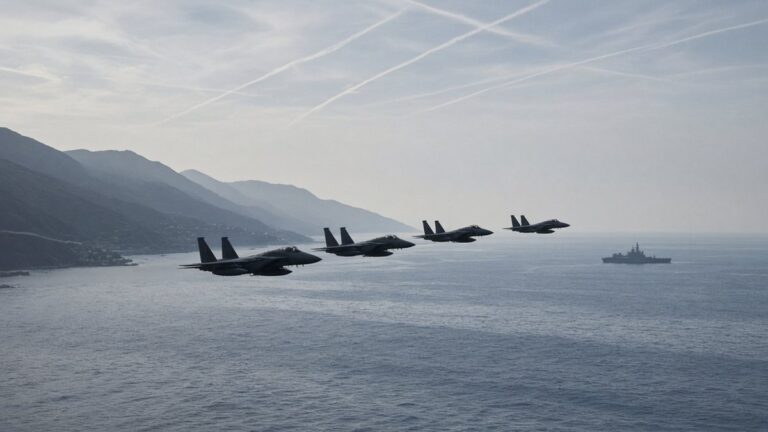 Fighter jets in formation over a stretch of open sea with a coastline and warship on the horizon
