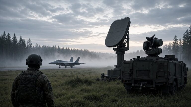 Radar dish and a mobile anti-drone launcher on a grassy airbase with a fighter jet in the far distance
