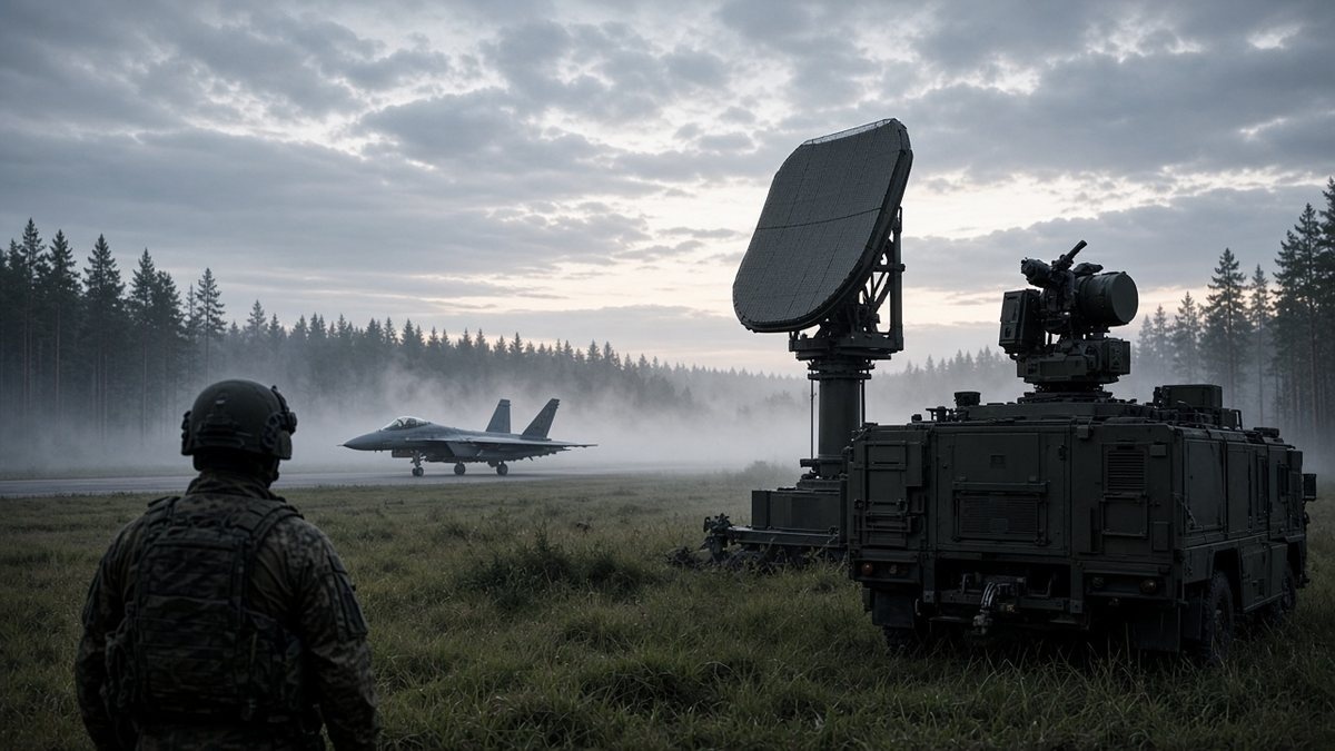Radar dish and a mobile anti-drone launcher on a grassy airbase with a fighter jet in the far distance