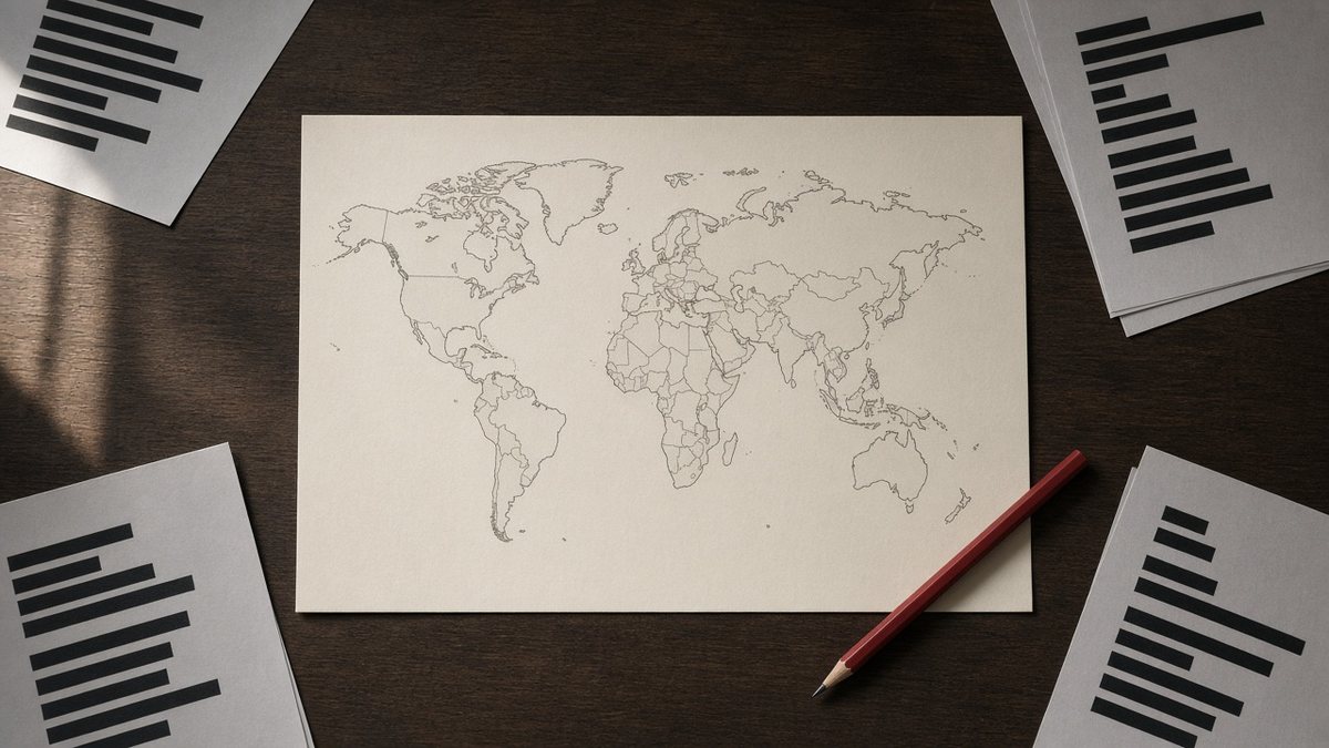 Outline world map on paper with a red pencil and pages of bar charts on a wooden desk