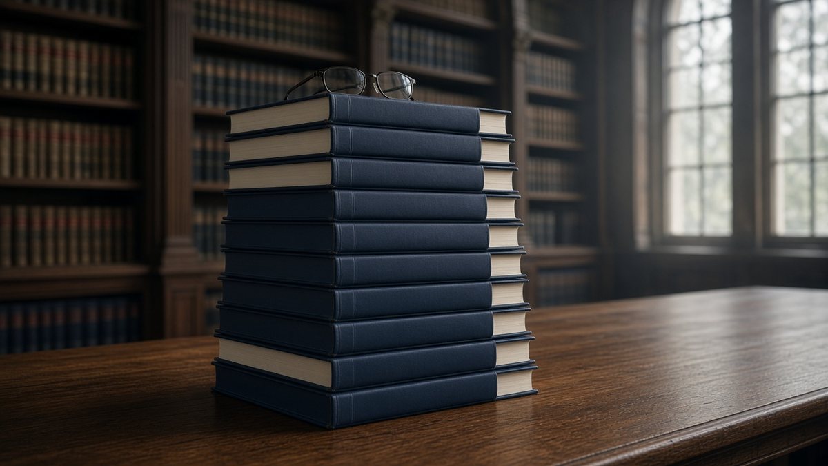 Stack of bound reports and reading glasses on a dark wooden table in a library with a tall window