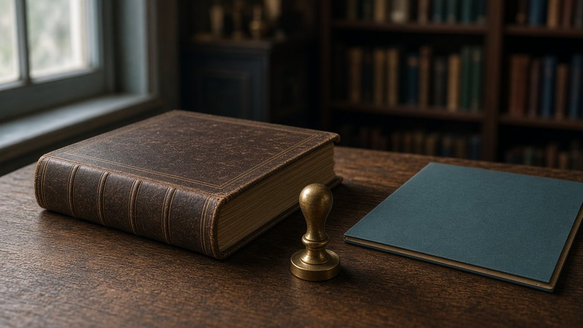 Leather ledger, brass seal stamp and closed folder on a dark wooden desk by a window