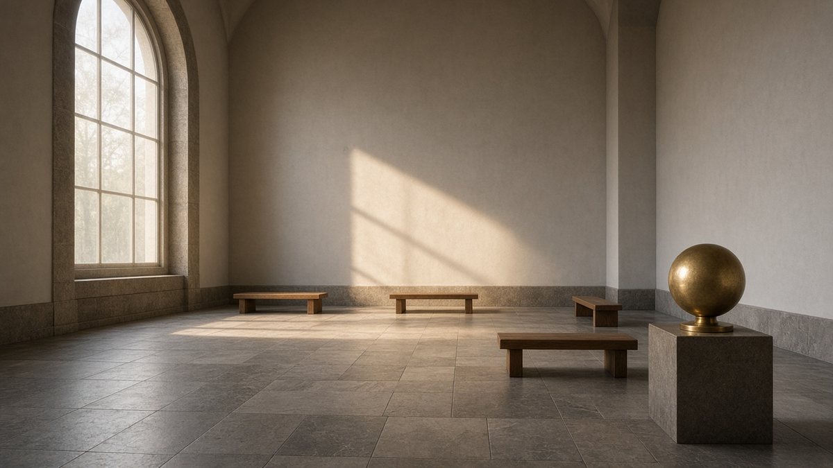 Quiet stone hall with arched window light on the floor, wooden benches and a small brass globe on a plinth