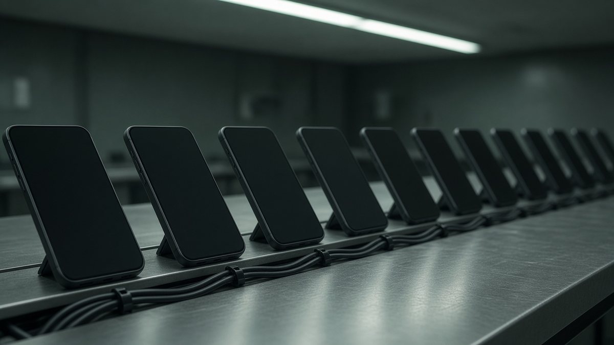 Row of dark smartphones on a long metal desk in an empty windowless room