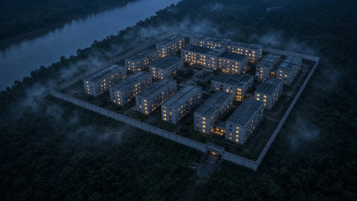 Aerial view at dusk of a walled complex of identical dormitory blocks with lit windows beside a river
