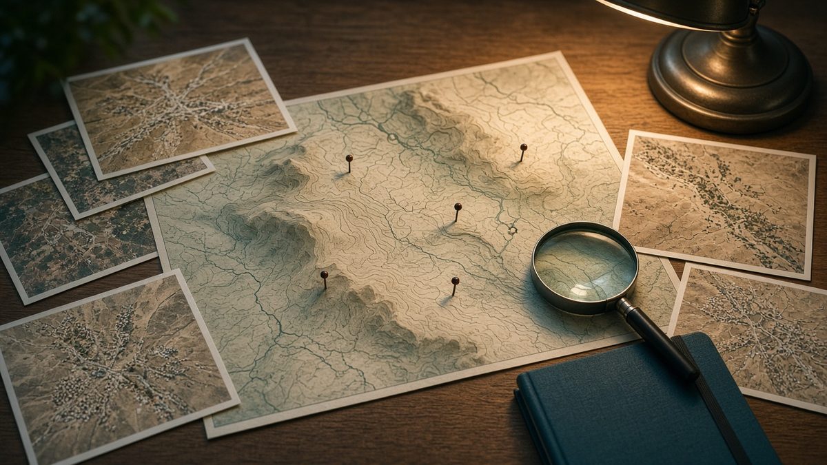 Wooden desk with a paper map of the Sahel and satellite photo printouts under a lamp, no people or text