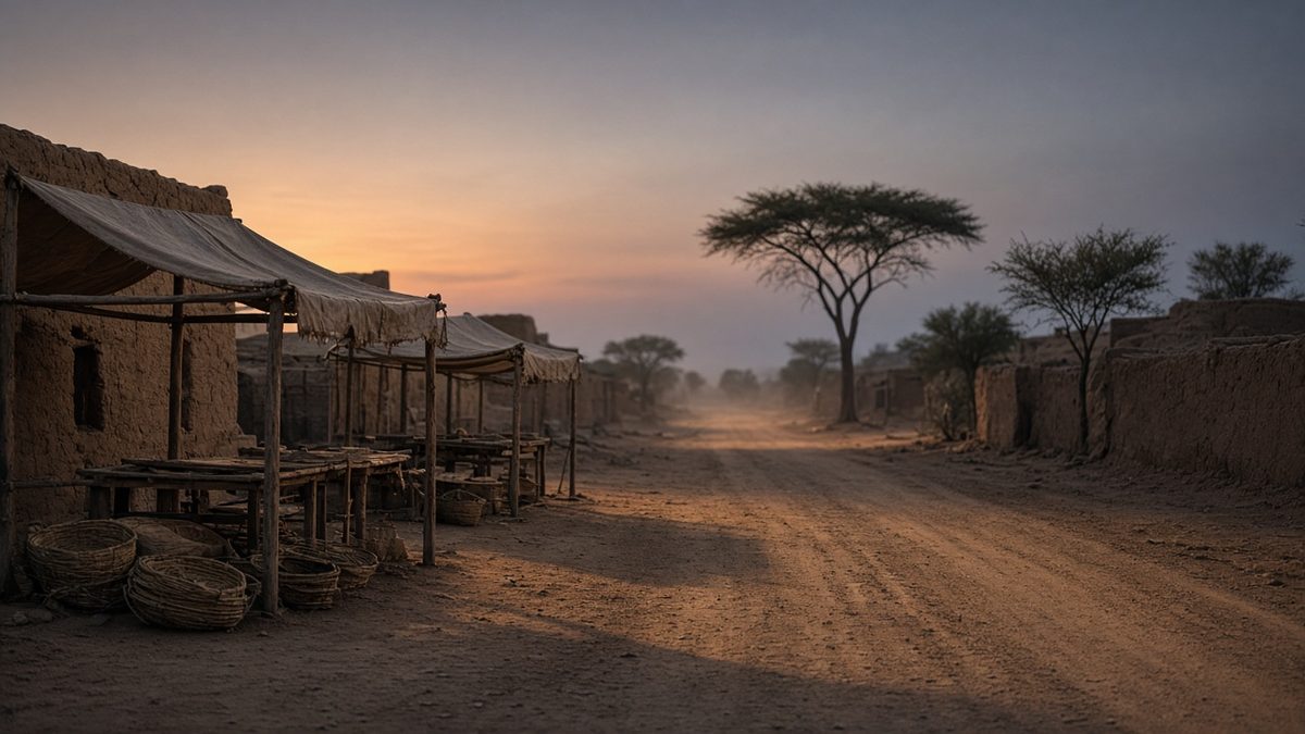 Empty dirt road at dusk through a Sahel village with abandoned market stalls and mud-brick walls