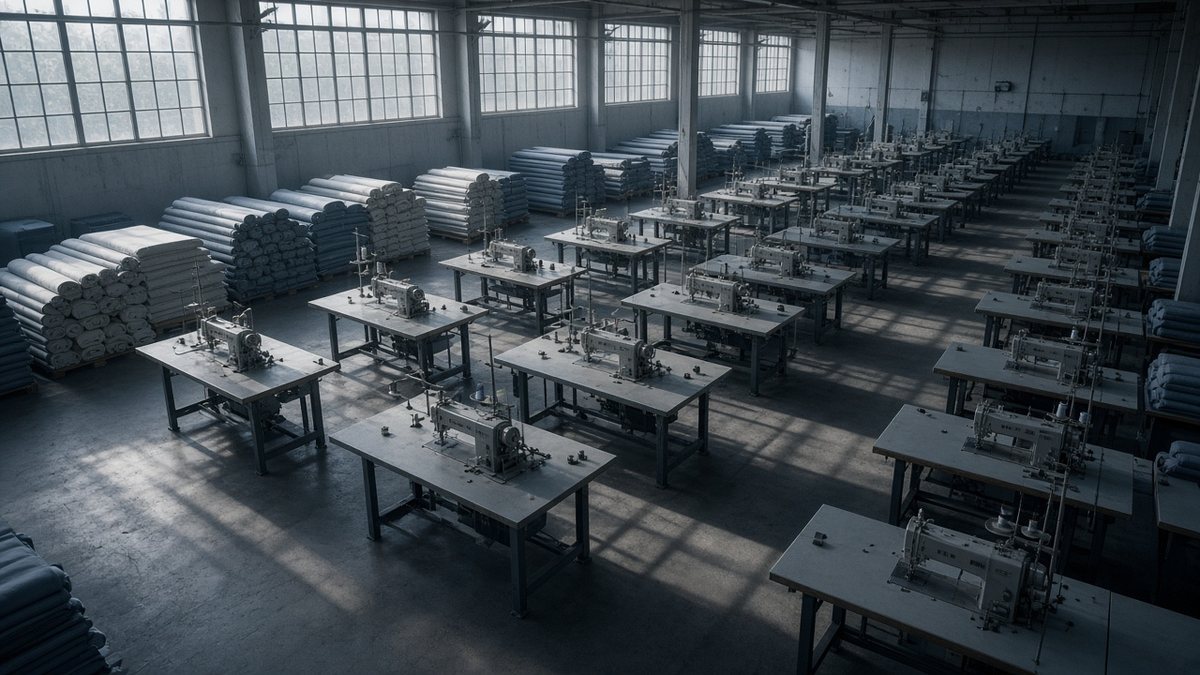 Empty garment factory floor with rows of sewing tables and bolts of cloth in cold window light