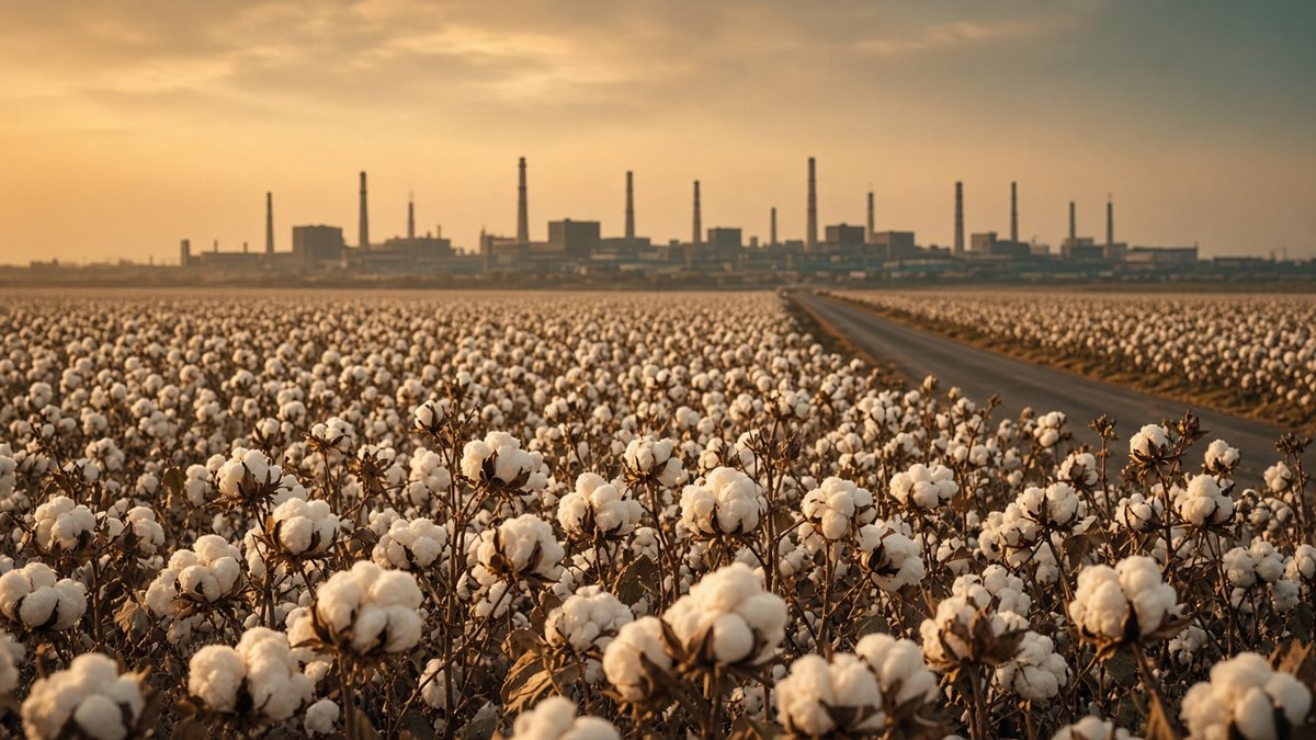 Cotton field at dusk with a long road leading to distant factory buildings and chimneys under a hazy sky