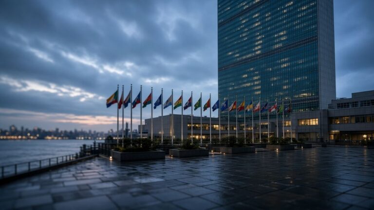 UN headquarters tower and row of national flags on a wet riverside plaza at dusk