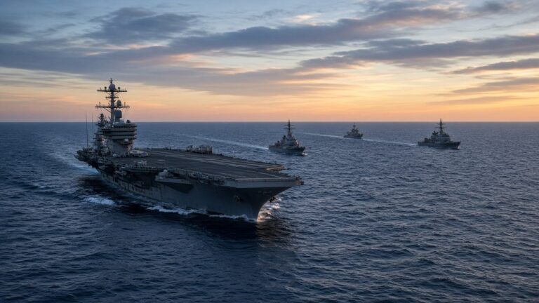 Aircraft carrier leading destroyers across the ocean at sunset